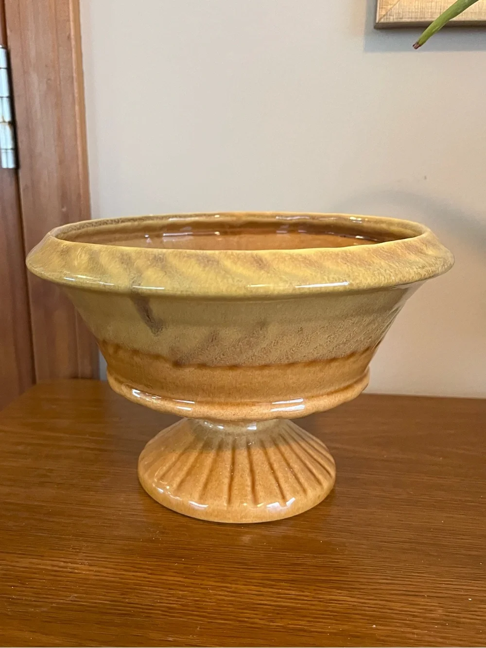 Glazed Ceramic Pedestal Bowl in Warm Honey Tones